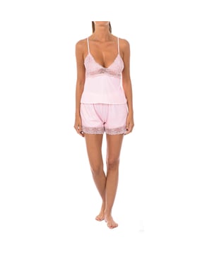 Pyjama met bandjes.
 V-hals met geribde afwerking en bloemenborduursel.
 Broek met elastische tailleband, broekje met bloemenborduursel.
 Naden in toon zichtbaar.
 Samenstelling: 100% polyester
 Onderhoud:
Handwas.
 - Geen bleekmiddel gebruiken.
 - Geen droger gebruiken.
 - Ondersteunt strijken.
 - Niet chemisch reinigen.
