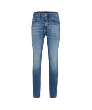 De alledaagse klassieker Boss Menswear Taber Tapered-Fit Stretch Jeans.- Stonewashed Mid Blue Cashmere Touch stretch katoenen denimstof.- Zwart lederen logopatch.- Zilverkleurige metalen details.- Tapered-Fit. Materiaal: 92% Katoen, 6% Elastomultiester, 2% Elastaan. Ref: 50496358448.