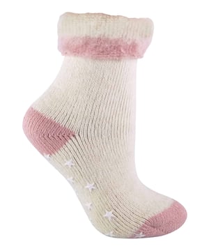 These alpaca wool bed socks with a star patterned gripper sole have been crafted with both warmth and comfort in mind. Made from a blend of alpaca wool, a fibre with natural thermal qualities, they are ideal to be used as both night or lounge wear. The sock is knitted with a close knit pattern on the outside, while the inside of the sock is brushed to create a beautiful soft feel which helps to add to the warmth of the sock. These socks have a star patterned gripper sole, helping to keep you secure on slippery household flooring, such as wooden panels or laminate. These socks have a turnover top, which adds to the comfort securing the socks in place, while also adding some style to the socks in the classic fluffy bed sock fashion. This sock is available in a size 4-8 uk - available in cream with the choice of beige, salmon or purple heels and toes this sock is an ideal addition to any woman's wardrobe. They are made of 60% Acrylic, 20% Wool, 10% Alpaca, 8% Polyamide, 2% Elastane and are machine washable.