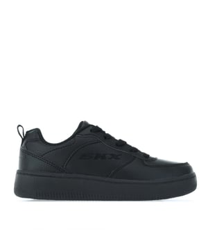 Junior Boys Skechers Sport Court 92 Trainers in black.- Synthetic upper.- Lace up fastening.- Skechers branding embossed to the side with a small logo patch adorned to the padded tongue.- Stitching  perforation and overlay accents.- Rubber sole with the brands Air-Cooled Memory Foam cushioned insole.- Synthetic Upper  Textile Lining  Synthetic Sole.- Ref: 405696LBBKJ