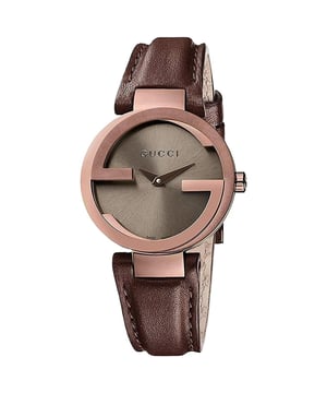 General: Color: Brown Case: Case Size: 29 mmCase Thickness: 6 mmCase Material: Stainless SteelCase Shape: RoundCase Back: Solid Band: Band Material: Calfskin LeatherBand Type: StrapBand Color: BrownBand Length: 7 inchesBand Width: 14 mmClasp: Tang Dial: Dial Color: BrownType: AnalogCrystal: Scratch Resistant SapphireHands: BlackSecond Markers: No Markers. The Gucci name appears below the 12 o'clock position Bezel: Bezel: Fixed Interlocking GBezel Color: Brown PVDBezel Material: Stainless Steel Crown: Crown: Pull / Push Information: Brand: GucciCollection Name: InterlockingGender: Women'sModel: YA133504Watch Label: Swiss MadeMovement: Quartz Features: Water Resistance: 50 meters / 165 feetFunctions: Hour, MinuteWatch Features: Stainless Steel, Leather, Analog Additional Info: Watch Style: LuxuryUPC Code: 731903334441Sku: YA133504Department: WatchesCategory: Watches