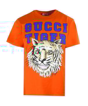 Gucci Orange Tee, 100% Cotton, Made In Italy, Tiger Logo Design On Front, This tee Is a regular fit should be perfect for this tee.