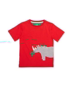 100% organic cotton | Proud to be certified to the Global Organic Textile Standard (GOTS) | Rhino and bird appliqué design | OEKO-TEX Standard 100 (Product class I) appliqué backing | Red | Single jersey (180-190 gsm) | Popper shoulder opening (up to and including size 3 years) | Short sleeved | Round neck | Made in Turkey | Machine washable at 40 degrees, or at 30 degrees to be kinder to the planet