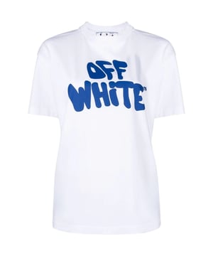 Blijf stijlvol met dit Off-White Witte T-shirt. Dit T-shirt heeft een iconisch logo op de borst en zal zeker een gespreksstarter zijn. Pronk met je unieke stijl!, Gebroken wit logo, Gebroken wit T-shirt, 100% katoen, Gemaakt in Portugal, Ronde hals, Streetwear, Korte mouw, Wit T-shirt