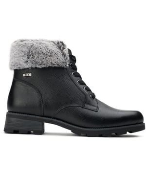 Womens black Caprice cozy fleece boots, manufactured with leather and a rubber sole. Featuring: faux fur collar and grip sole.
