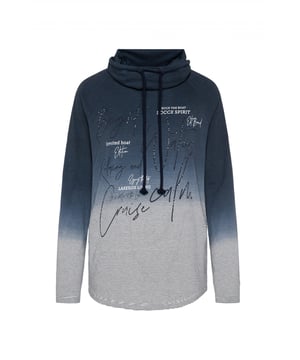 Dit damesshirt met lange mouwen is op vele manieren te combineren en is een musthave basic voor jouw garderobe. Het is gemaakt van hoogwaardig materiaal en is zeer comfortabel om te dragen. Het overhemd heeft een hoog uitgesneden kraag met trekkoord. De zoom is zowel aan de voor- als achterkant afgerond. Het gestreepte patroon met het leuke kleurverloop brengt maritieme flair in je garderobe. De grote print op de voorkant wordt geaccentueerd met glitterelementen en geeft het shirt een geweldig visueel hoogtepunt.