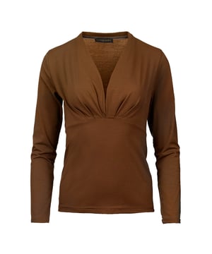 Jersey-Top aus Baumwoll-Elastan-Gewebe. Lange Ärmel mit einer faux wrap Front, die einen tiefen V-Ausschnitt bildet. Naht unterhalb der Büste. Länge, für Größe 36/S - 62cm.