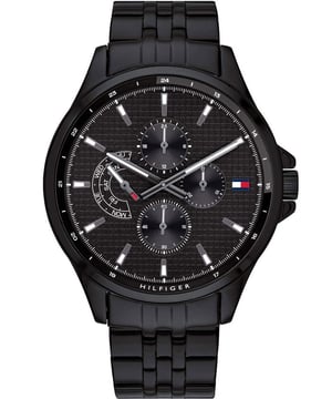 This Tommy Hilfiger Shawn Multi Dial Watch for Men is the perfect timepiece to wear or to gift. It's Black 44 mm Round case combined with the comfortable Black Stainless steel will ensure you enjoy this stunning timepiece without any compromise. Operated by a high quality Quartz movement and water resistant to 5 bars, your watch will keep ticking. Fashionable Sporty Design, Perfect for all kind of sports, indoor and outdoor activities or daily use -The watch has a calendar function: Day-Date, 24-hour Display High quality 21 cm length, 20 mm wide, Black Stainless steel strap with a Fold over with push button clasp Case diameter: 44 mm, Case height: 10 mm and Case color: Black Dial color: Black