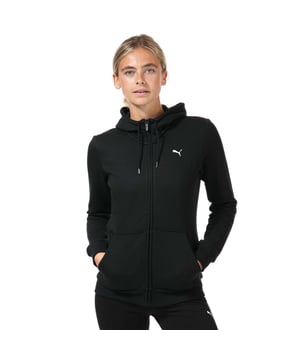 Womens Puma Essentials Full Zip Hoody in black.- Lined drawcord hood.- Long sleeves.- Full zip fastening.- Split pouch pocket.- Ribbed cuffs and hem.- Printed branding.- Brushback fleece.- Straight hem.- Regular fit.- 98% Cotton  2% Elastane.- Ref: 58681151