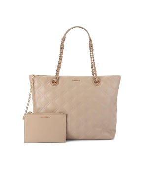 This Carvela Rosa Chain Tote Bag features a taupe leather alternative exterior with diamond quilting detail. There are two shoulder straps which have gold chain detail to match the branding on the front of the bag. Dimensions: 29cm (H), 34cm (L), 12cm (D). Strap length: 57cm.