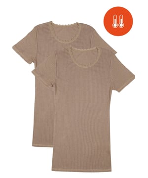 Stay warm with this 2-pack of snug fit thermal tops, featuring a classic crew neck, short sleeves, and a soft ribbed texture with delicate lace trim.