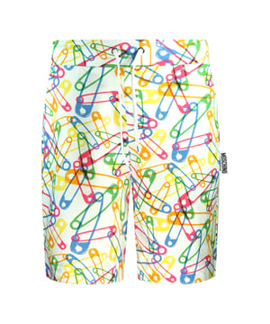 Moschino Multicolour Pin Design White Shorts. Moschino Multicolour Pin Design White Shorts. Safety Pin Design. 95% Cotton, 5% Elastane. Drawstring Ties. Style Code: 1A43258120 1001
