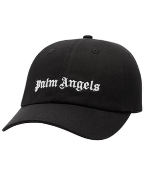 Palm Angels Logo Schwarze Mütze. Palm Angels Logo Schwarzer Hut. Unterschrift Gothic Branding. Gesticktes Logo. Verstellbare Schnalle auf der Rückseite. PMLB003C99FAB0011001
