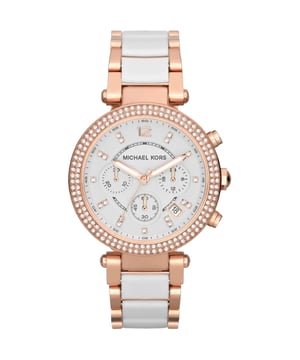 Brand: Michael KorsModel Number: MK5774SKU: MK5774Case Size: 39 mmMovement: Quartz ChronographPlatform: PARKERStrap Material: Acetate, Stainless SteelStrap Color: Rose GoldCase Water Resistance: 10 ATMCase Material: Stainless SteelCase Color: Rose GoldDial Color: WhiteStrap Width: 12 mmClosure: Bracelet DeployantStrap Inner Circumference: 190 +/- 5 mmBattery Type: SR621SW