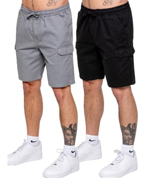 Upgrade your casual wardrobe with the Kruze Chino Cargo Shorts, designed for both comfort and functionality. Featuring a mid-rise, regular fit, these shorts offer a laid-back look. The elasticated waistband with an adjustable drawstring ensures a secure and custom fit. Equipped with two side slash pockets, two spacious cargo pockets with Velcro fastening, and two back pockets, these shorts provide ample storage for your essentials. Crafted from durable, non-stretch chino fabric, they are perfect for everyday wear. Pack of two. Black & Light Grey