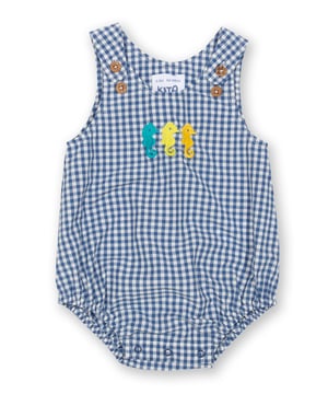 Seahorse pairs are friends for life, and you can even spot them around the British coastline! This stylish bubble-shaped romper, with cute seahorse embroidery detail, is designed using lightweight yarn dyed check fabric to keep your little one cool in the summer sun. It's comfy, breathable and looks great too.