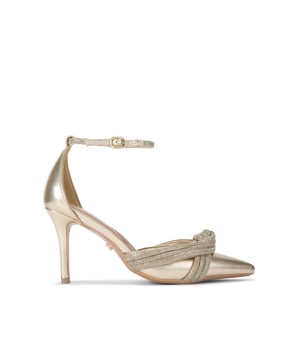 This Carvela Arielle Court heel features a gold upper with large crystal knot strap across the pointed toe. The ankle strap is also embellished with gold crystals. Heel height: 8cm.