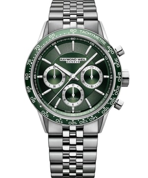 This Raymond Weil Freelancer Chronograph Watch for Men is the perfect timepiece to wear or to gift. It's Silver 43.5 mm Round case combined with the comfortable Silver Stainless steel watch band will ensure you enjoy this stunning timepiece without any compromise. Operated by a high quality Automatic movement and water resistant to 10 bars, your watch will keep ticking. The 43.5 mm stainless steel case encompasses a combination of brushed and polished surfaces and is attached to a 5-row stainless steel bracelet. This Chronograph watch has a function: a Swiss Made Movement , Stop Watch , Luminous Hands , Screw Down Crown and Tachymeter High quality 21 cm length and 21 mm width Silver Stainless steel strap with a Deployment clasp Case diameter: 43.5 mm,case thickness: 14 mm, case colour: Silver and dial colour: Green