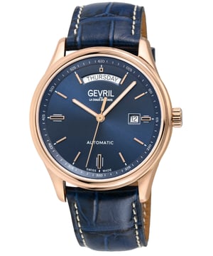 Gevril 48204 Men's Excelsior Swiss Automatic Movement Gevril Men's Swiss Automatic Watch from the Excelsior Collection 49mm Round IP Rose Gold Satin and Polished Top Ring Blue Sunray Dial, Rose Gold Index, Push/Pull Crown Day Indicator at 12 O'clock, Exhibition Case back Genuine Handmade Blue Leather Strap with Tang Buckle Anti-reflective Sapphire Crystal Water Resistant to 50 Meters/5ATM Swiss Automatic Movement, SW240