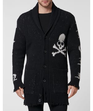 Un simple cárdigan también puede destacarse y tener estilo. Éche un vistazo a esta versión maxi de lana merino con las icónicas incrustaciones de Skull and Brand. El cuello esmoquin y los dos bolsillos de parche se suman a su aire retro que se moderniza con el desgaste de los dobladillos en punto de canalé.