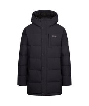 Outer Materials: 55% Cotton, 45% Polyester. Lining Material: 100% Polyester. Filling Material: 80% Down, 20% Feather. Design: Text. Fabric Technology: TPU Membrane. Neckline: Hooded. Cuff: Inner Knitted Cuff, Inner Ribbed. Sleeve-Type: Long-Sleeved. Hood Features: Toggle Adjuster. Length: Long. Pockets: 2 Lower Pockets, Zip, 1 Inner Pocket, 1 Chest Pocket. Fastening: Full Zip, Snap Closure, Two Way Zip. XXS: 33 in. XS: 35 in. S: 37 in. L: 43 in. XL: 46 in. XXL: 48 in.