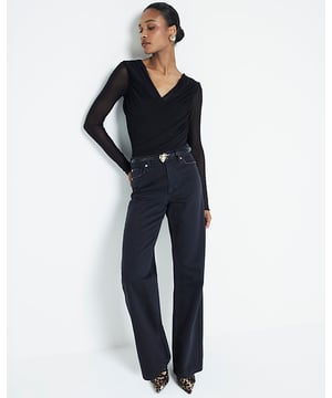 Mesh fabric, Wrap design, Drape detail, V-neck, Long sleeves
