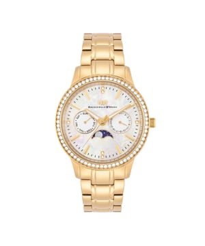 Would you like to enrich your watch collection with a model that combines multifunctionality and stylish glamor? Then this women's watch of the Rhodenwald & Sons label is an excellent choice. The design of the multi-layer dial is opulent and convinces with totalists for the weekday and date in the popular BICOmpax arrangement, striking line indices and night lighting. The moon phase display is striking. The robust stainless steel housing and the harmoniously coordinated limb strap are refined with an ion plate in yellow gold - for warm gold -gloss and best suitability for everyday use. Glamorous eyecatcher is the bezel, all around decorated with crystals from Swarovski®.