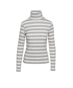 Gestreiftes Poloshirt in Ecru und Grau aus Stretchmaterial. Lange Ärmel.  Taillierte Silhouette. Unser Model ist 178 cm groß und trägt Größe 36. Maße für Größe 38 (in cm):Oberweite-37; Körperlänge-57; Taille-36; Schulterbreite-34; Saum-41, Ärmel-63. Das Kleidungsstück ist tailliert.