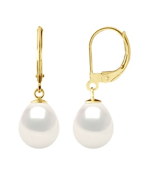 Earrings in Yellow Gold 375 and Real Cultured Freshwater Pearls Pear 9-10 mm - COLOR NATURAL PEARL WHITE - Leverback Clasp - Delivered with Certificate of Authenticity and International Guarantee - MADE IN FRANCE