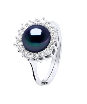 Ring Jewelry - Real Cultured Freshwater Pearl Button 8-9 mm - Jewelry Paving Cubic Zirconia - Silver 925 Rhodium plated - COLOR "BLACK TAHITIAN STYLE" - Size adjustable from Size 48 to Size 62 - Delivered in box and with its Certificate of Authenticity and International Guarantee - MADE IN FRANCE