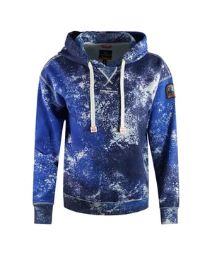 Parajumpers Cher Blue Snow Print Kapuzenpullover. Bleiben Sie warm und stilvoll im Parajumpers Blue Spray Hoodie. Dieser luxuriöse Damen-Kapuzenpullover zeigt das Markenabzeichen auf dem linken Ärmel. Verzichten Sie nicht auf Stil und Komfort – geben Sie ein Statement ab! Markenlogo-Patch auf dem linken Ärmel, 100 % Baumwolle. Kapuzenpullover, elastischer Bund und Ärmel, normaler Pullover. Pull-Over, Kordelzug-Pullover, Blue Spray Hoodie, hergestellt in Indien. Stilcode: Cher P005 WF32