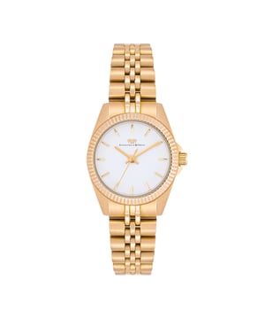 Would you like a women's watch that combines timeless optics with the quality standards of the old watchmaker's art? Then this timepiece of the Rhodenwald & Sons label is a good choice. The watch manufacturer designs stylish and sustainable masterpieces for all generations: the model inspires with a tidy dial made of mother-of-pearl, filigree barnities, obélisque devices and a grooved bezel. The satined stainless steel housing with IP finishing in yellow gold and a tuned link bracelet made of stainless steel are conclusive into the design concept. A precise quartz watchwerk, a screwed housing floor and waterproof up to 5 ATM make the equipment perfect.