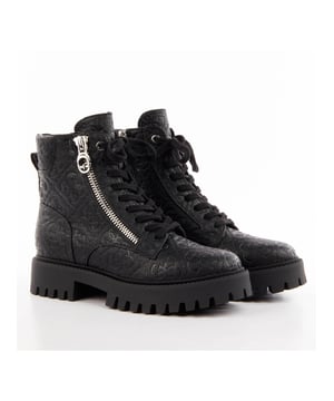 Bottine Guess Ranger Damen Schwarz Polyurethan. Authentischer Schuh der Marke Guess - Streetwear/Sportswear-Design von Guess - Guess für modebewusste Frauen, perfekt für den Alltag - Die schwarze Guess-Bottine lässt sich hervorragend mit Ihrer Garderobe kombinieren - Bequemes Material aus Polyurethan - Klassische Schnürung - Ranger - Synthetik