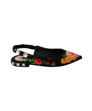 Merk: Dolce & Gabbana
  Stijl: Slingbacks flats
  Kleur: Zwart met veelkleurige bloemenprint
  Materiaal: 94% Viscose 6% Geitenleer
  Zool: Leer
  Kristallen: Wit en zwart
  Logo details
  Hoge kwaliteit en comfort
  Vervaardigd in Italie