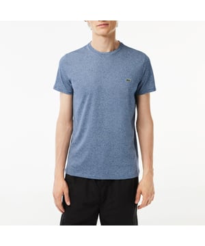 Mens Lacoste Crew Neck Pima Cotton Jersey T-Shirt in blue.- Ribbed crew neck.- Short sleeves.- Embroidered Lacoste logo at left chest.- Tonal back neck tape.- Super soft pima cotton jersey fabric.- Regular fit.- 100% Cotton.  - Ref: TH6709-1GF