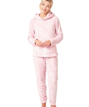 Fleece Hooded Pyjama Set. Long sleeve top with cuffed, full-length trousers. This product is recommended as machine washable, with similar colours.