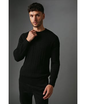 Cotton Cable Crew Neck from Maine. Upgrade your knitwear attire with statement styles and discover this must-have men's cotton jumper. Featuring long-fitted sleeves with stretch cuffs, a circular neckline, and a tailored cut finish for the perfect fit.  Made from 100% Cotton. Wash at 40. Model wears a Size M.