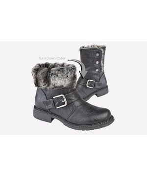 Two boots for the price of one, these Cipriate Andreana women's boots are a stylish choice with a collar that folds up or down for two distinct looks. A faux fur collar adds comfort and warmth, whilst a memory foam footbed keeps feet in sumptuous comfort.
- PU upper
- Faux fur lining
- Memory foam footbed
- Buckle detailing
- Stud closure
- Durable TPR Sole