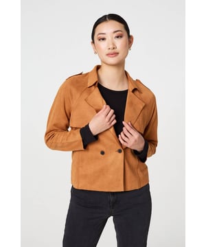 Add an extra layer lo your look with this cropped jacket. It's made from a soft suede feel fabric; and you can wear it over any outfit, including formal dresses or eveningwear. It has a lapel collar and button details, with long sleeves and a fitted shape. Pair this cropped jacket with smart trousers and you can wear it to work too.