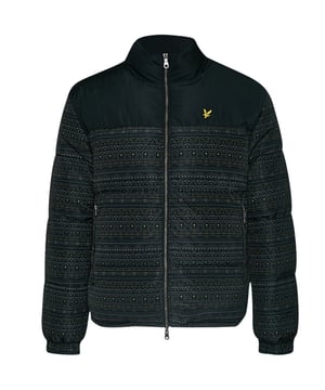 Lyle & Scott omkeerbare zwarte jas, gewatteerd jack, Fair Isle-ontwerp, effen achterkant, merklogo linksboven op de borst, ritssluiting, elastische manchet, 100% polyester, zak met knoopsluiting