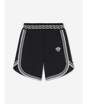Versace envision bold, innovative abstracts in their beautifully crafted aesthetics. These boys shorts encapsulate the Italian label's passion for daring and unparalleled technology. Envisioned in soft cotton. They showcase the embroidered Medusa in white on the front with white stripes. The sophisticated pair are complete with an elasticated jacquard waistband and brand signature Greca motif.‚ Made in Italy‚ Machine Wash 30*C‚ 100% Cotton