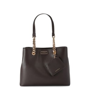 This Cammie tote bag features a textured brown exterior with gold tone hardware. There is a removable card wallet on the front chain. Dimensions: 27cm (H), 30cm (L), 16cm (D). Strap drop: 68cm.