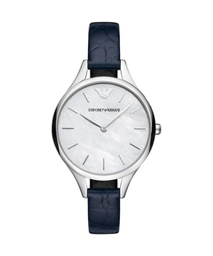 This ladies Emporio Armani from Aurora combination watch has a stunning and select look. It flashes with a sparkling white mother of pearl dial and silver-tone records. The impeccable case got together with the blue cowhide tie makes an exceptional climate. Quartz Movement. Emporio Armani watches are known for their logo at the most noteworthy mark of the dial. 
