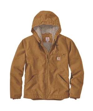 RELAXED FIT � 12 oz/yd� - 407 gsm � 100% Cotton � Soft Duck � Inner Lining: 82% Polyester/18% Acrylic � Knit, Sherpa fleece � Attached three-piece hood with Sherpa lining and adjustable draw cord closure � Long Sleeve � Left chest pocket with zipperclosure � Two sherpa-lined lower front pockets � Two interior pockets � Full-length front zipper � Inner sleeve rib knit storm cuffs � Triple stitched main seams � Back Bi-Swing pleats � Carhartt label sewn on pocket