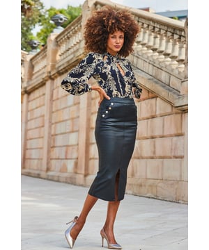 Show us a sexier skirt...
Sleek coated finish for extra sass
Gold button detail for a luxe touch
Figure-hugging split pencil hem
Add a silky blouse for work-to-wine
Do cosy-chic with a knit and knee-highs