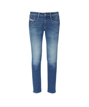 Diesel Blue Jeans, mittelhoher Bund, schmales Bein, 95 % Baumwolle, 3 % Polyester, 2 % Elasthan, blauer Denim, Reißverschluss, blaue Denimhose
