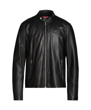 Chaqueta De Cuero Negra Diesel, Cierre De Cremallera Central, Logo Monotono, 100% Cuero, Abrigo Negro