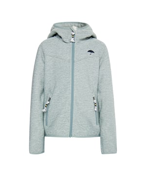 Mit ihrer festen gestrickten Außenseite und dem kuscheligen Teddyfell in der Innenseite ist diese Schmuddelwedda Strickfleecejacke ideal für die Übergangszeiten. Ausgestattet mit einer großen gefütterten Kapuze, einem Reißverschluss mit Kinnschutz und den seitlichen Eingrifftaschen ist sie robust und waschbar. Auf der Brust ist der typische Schmuddelwedda Regenschirm gestickt und auch am Oberarm und auf der Rückseite befinden sich aufwendige Logo-Stickereien.  Strickfleeceblouson