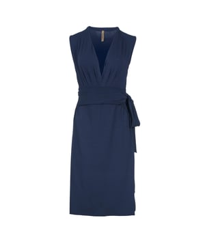 Summer dress in solid colour stretch jersey fabric. Sleeveless with a deep V neckline with pleats on the left and right. Seam detail under the bust with pleats underneath. Belt in the same fabric fastened at the sides. Empire line with an A line silhouette. Knee length.