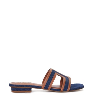 Stay smart and stylish this summer with Dune London's Loupe slider sandal. Featuring a cut out design with contrast stitching and a low block heel. An open sandal toe and resin sole complete the striking shoe.